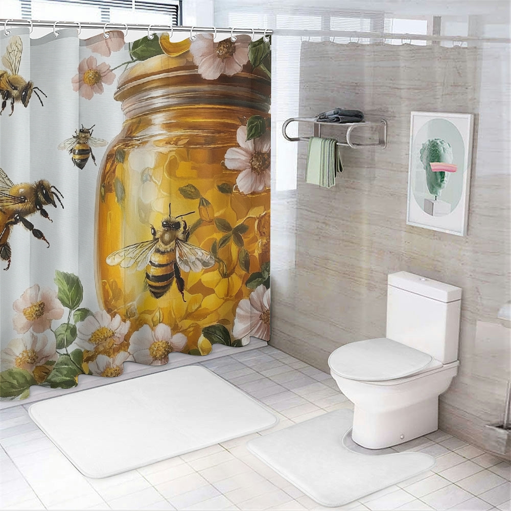 Patifu Honey Bees Flowers Bathroom Shower Curtain Set with Hooks 60"x72