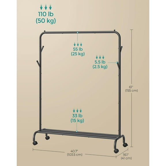 Clothes Rack, Clothing Rack for Hanging Clothes with Wheels, Garment Rack, Metal Frame, 110 lb Max. Total Load, 40.7 Inches Wide, Clothes Storage and Display, Black UHSR131B01