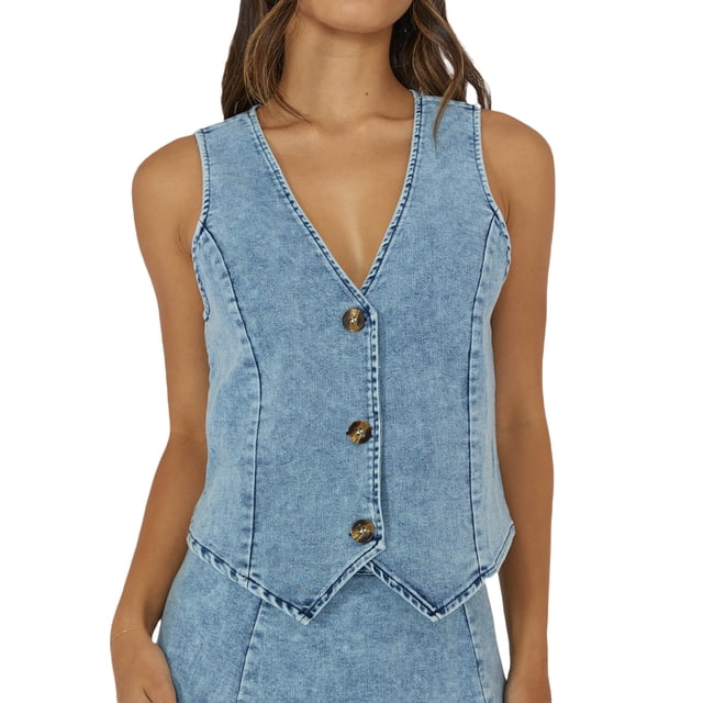 Gupgi Gilet en Denim pour Femmes Vintage Sans Manches à Col en V Boutonné Ajusté Débardeurs Rétro Gilet en Jean