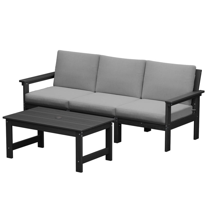FUNDAZE Oversized HDPE Patio Furniture Sets, 3-Seater with a coffee table Outdoor Conversation Set | For Patio, Poolside, Backyard Use, Black Frame with Gray Cushion