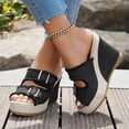 thumbnail image 3 of Denim Platform Sandals for Women Open Toe Double Buckle Band Wedges Heels Nonslip Slip on Slides HIgh Heeled Beach Shoes Black Size 8, 3 of 6