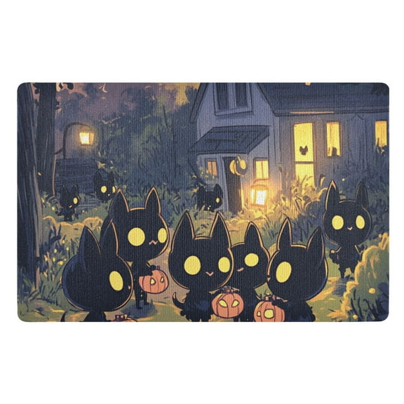 Halloween Black Cat Pumpkin Lights Floor Door Mat Outdoor Indoor for Home Entrance Welcome Mats 32"x20"