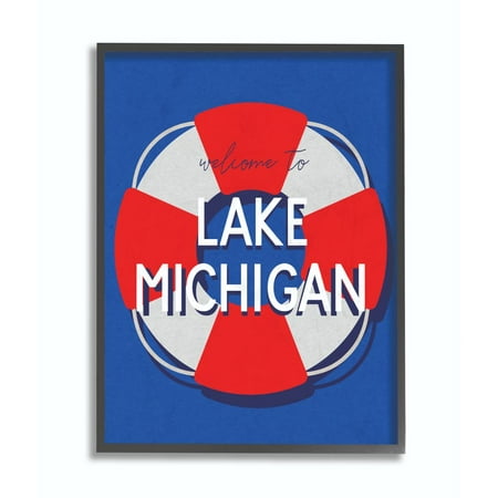Stupell Industries Lake Michigan Beach Coast Ocean Blue Red Word Design Framed Giclee Texturized Art by Daphne Polselli