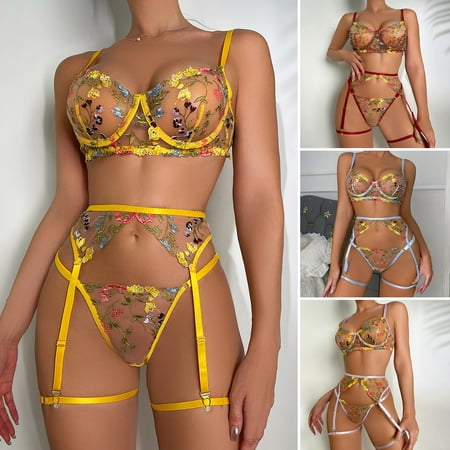 

Hopeup 1 Set Bra Panties Waist Strap Suit Flower Embroidery See-through Mesh Sensual Thong Thin Seductive Adjustable with Wire High Waist Women Underwear Suit for Honeymoon