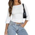 thumbnail image 2 of Women's 3/4 Sleeve Top Ruched Waist Fitted Tops for Women Crop Boat Neck Ribbed Bell Sleeve Flare White M, 2 of 7