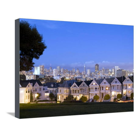 Victorian Houses with Skyline, San Francisco, California, USA Stretched Canvas Print Wall Art By Bill