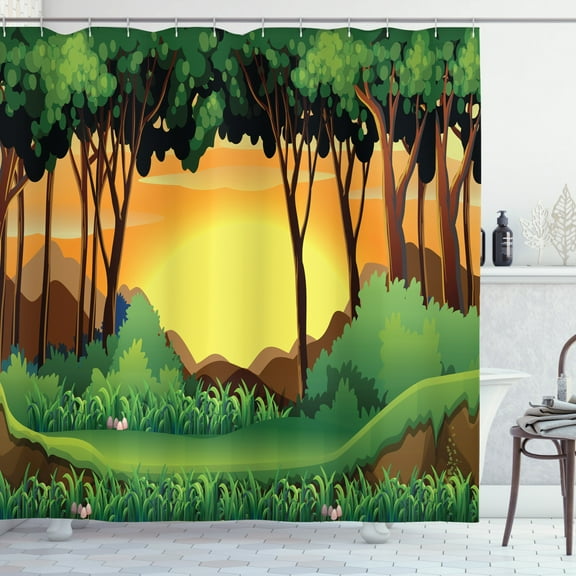 Ambesonne Forest Shower Curtain, Cartoon Sunset Hills, 69"Wx75"L, Green Caramel Yellow