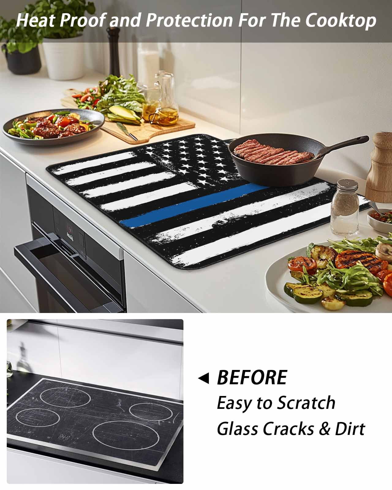Stove Top Covers for Electric Stove, Blue American Flag Glass Stovetop Cover Protector, Black White Stars Stripe US Flag Induction Cooktop Protector Oven Mat for Kitchen Countertop 24"x21"