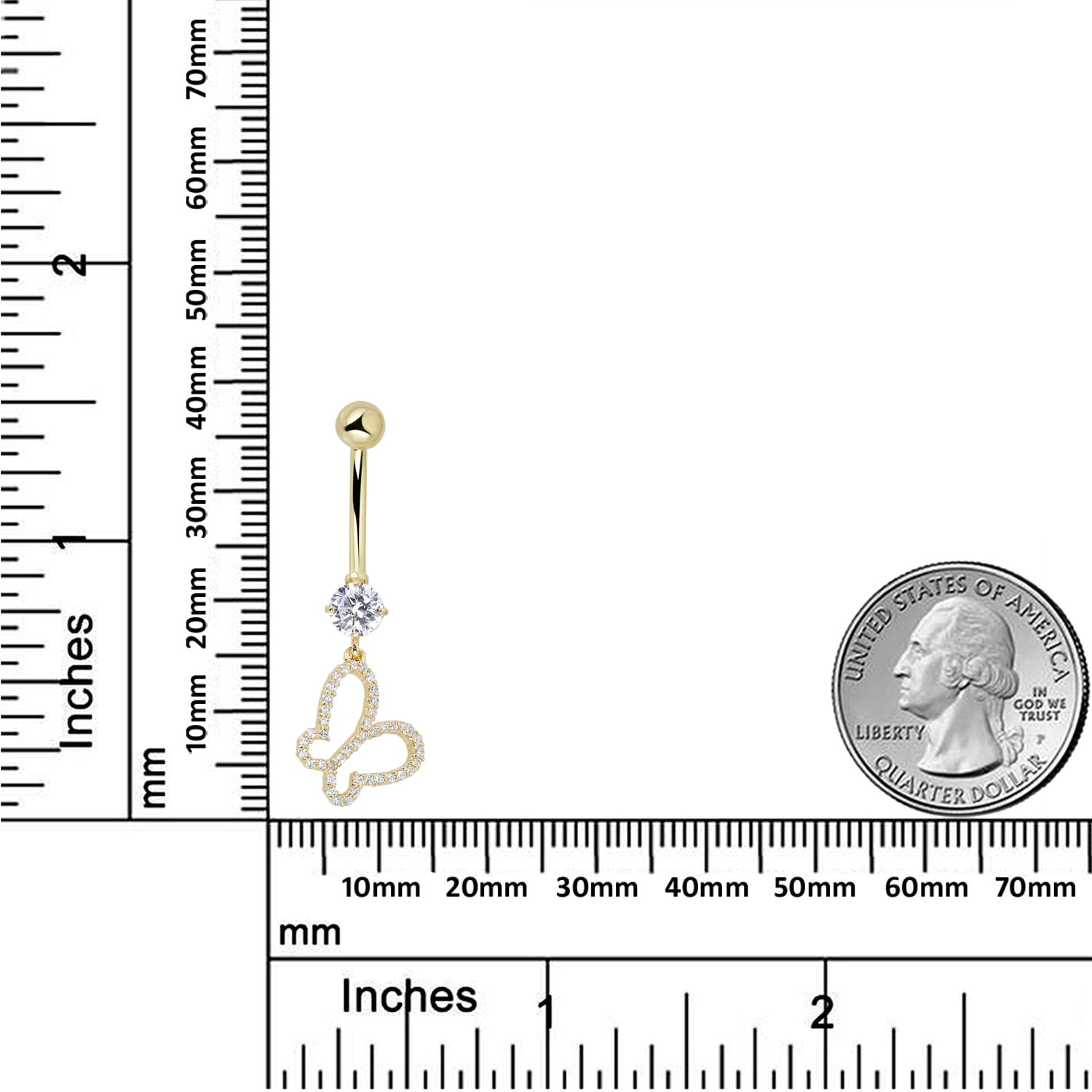 AVORA 10K Yellow Gold Simulated Diamond CZ Dangling Open Butterfly Belly Button Ring Body Jewelry (14 Gauge)