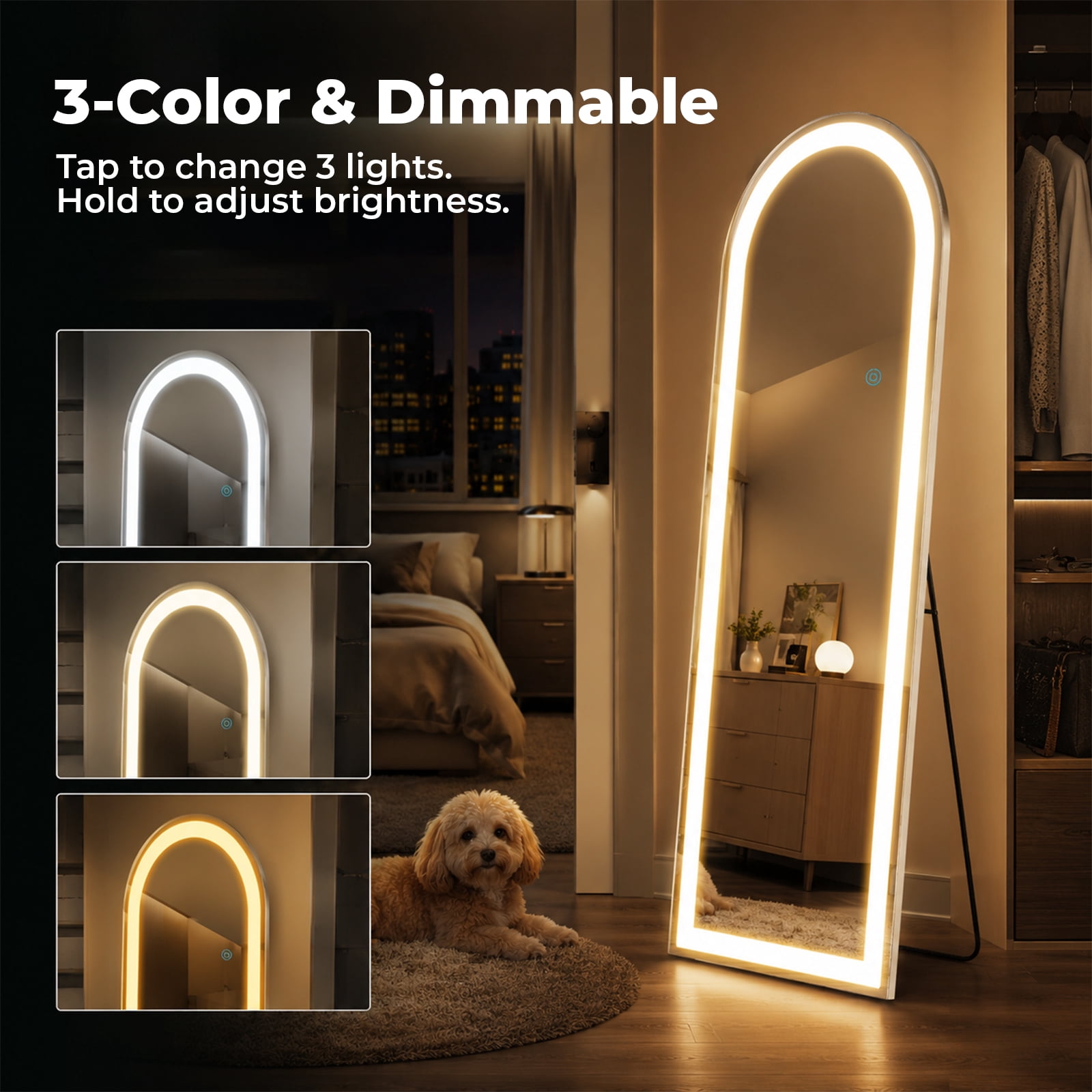 Alvantor Full Length Mirror with LED Lights, 16x60"-26x71" Lighted Full Body Floor Mirror with Dimming & 3 Color Lighting, Stand for Bedroom, Dressing Room, Rect/Arched