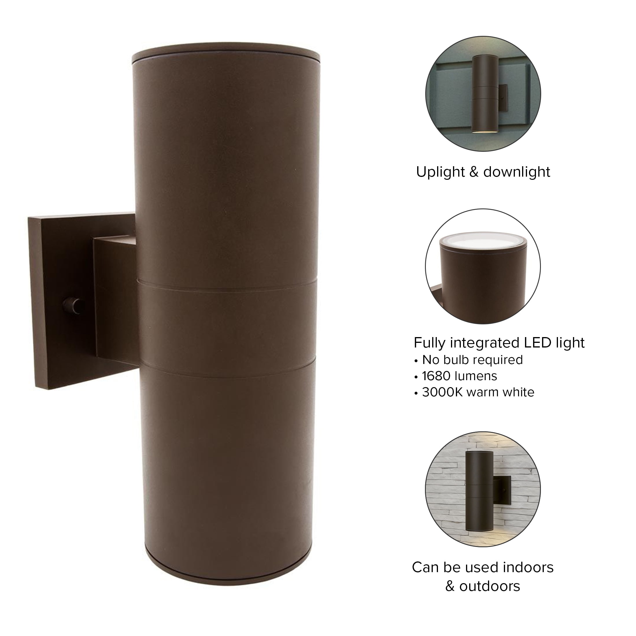 Maxxima LED Cylinder Outdoor Wall Wash, Up and Down Sconce Light, 24 Watt, 1680 Lumens, 3000K Warm White, Brown