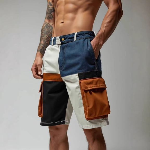 lcziwo Men's Shorts Outdoor Camping Cargo Shorts Multi Pockets Color Block Summer Beach Fishing Hiking Shorts Orange XXL