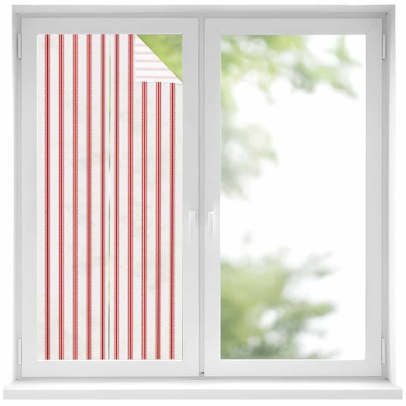 Red Striped Window Privacy Film, Red White Stripes Farmhouse Static Cling UV Sun Blocking Heat Control Window Tint Day and Night, Non-Adhesive Reusable One Way Windows Privacy Cover 19.6''x39.3''