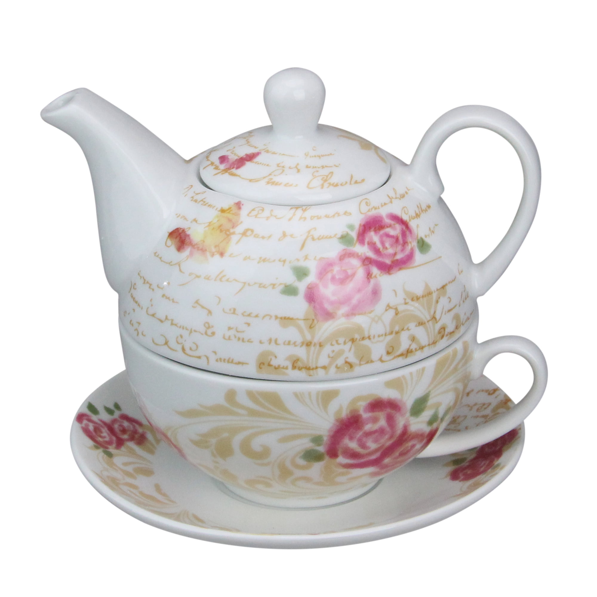 3piece White and Pink Ceramic Floral Stackable Tea Set