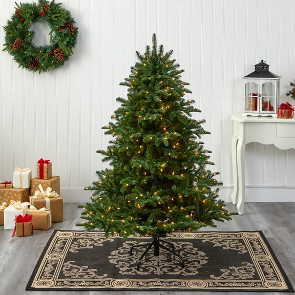Nearly Natural 5' Green Spruce Artificial Christmas Tree Prelit 300 White Warm Lights