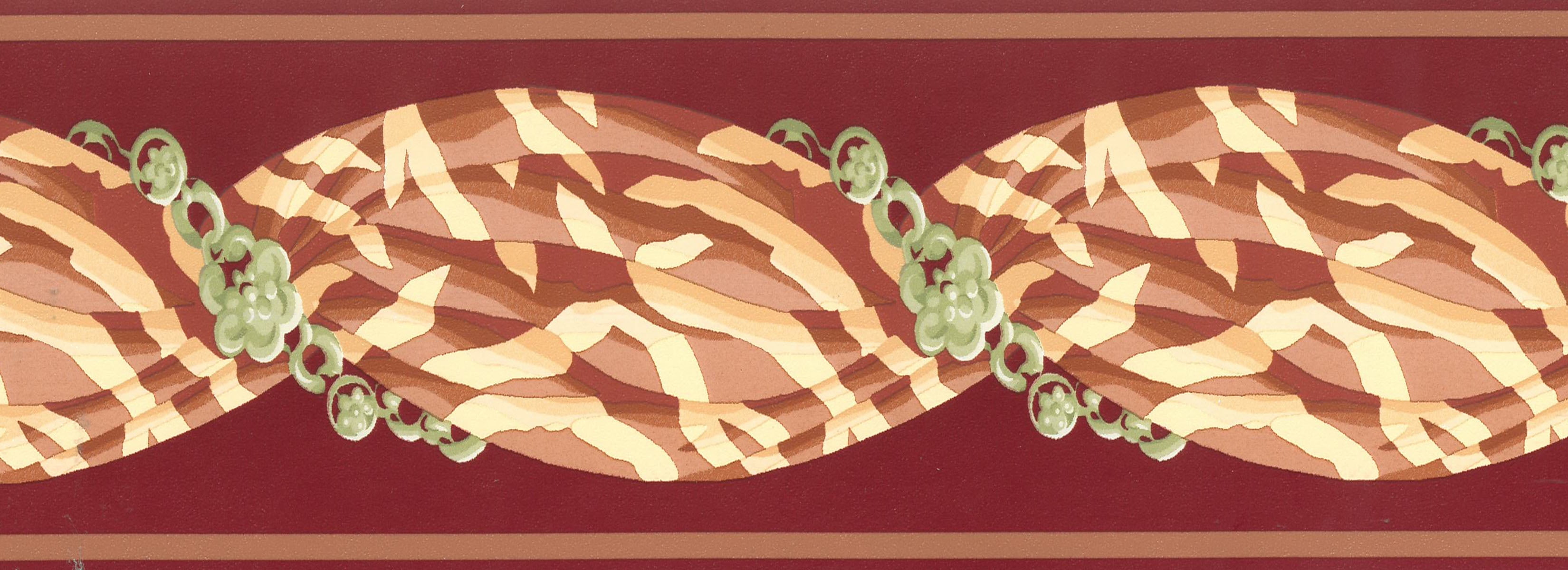 Dundee Deco Prepasted Wallpaper Border - Abstract Orange, Green, Cherry Red Curtains, 15 ft x 3.31 in