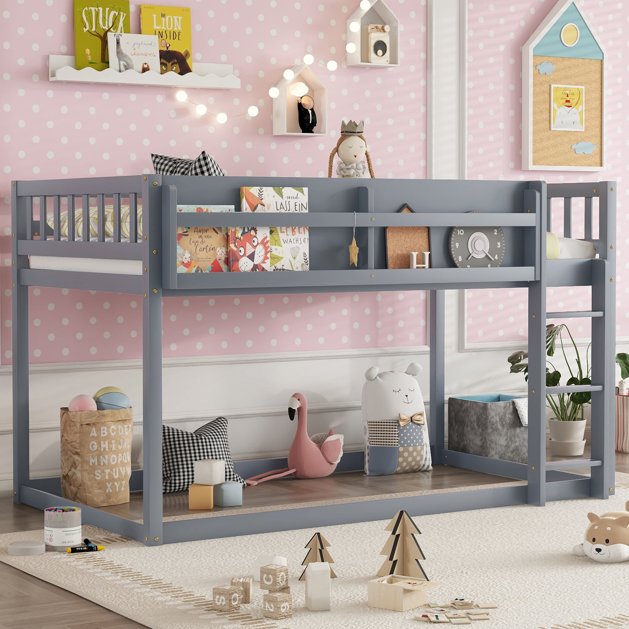 HOQBN Bunk Bed Twin Over Twin,Solid Wood Low Floor Bunk Bed with Ladder,Gray