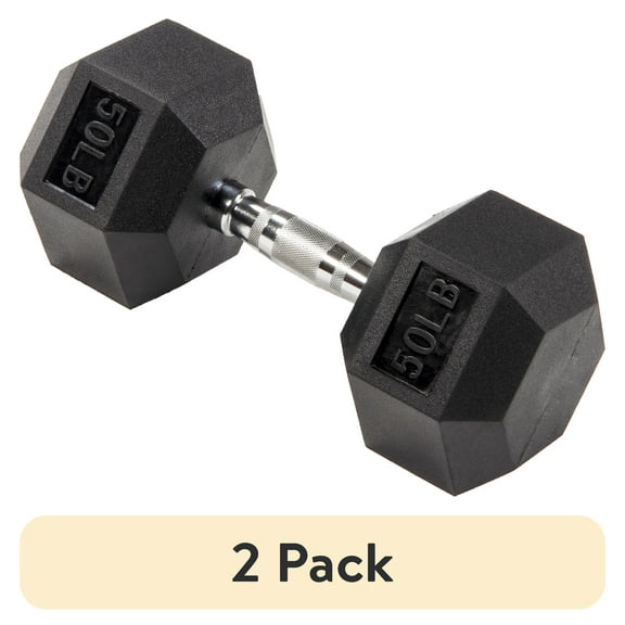 (2 pack) BalanceFrom Rubber Encased Hex Dumbbell, 50LBs, Single