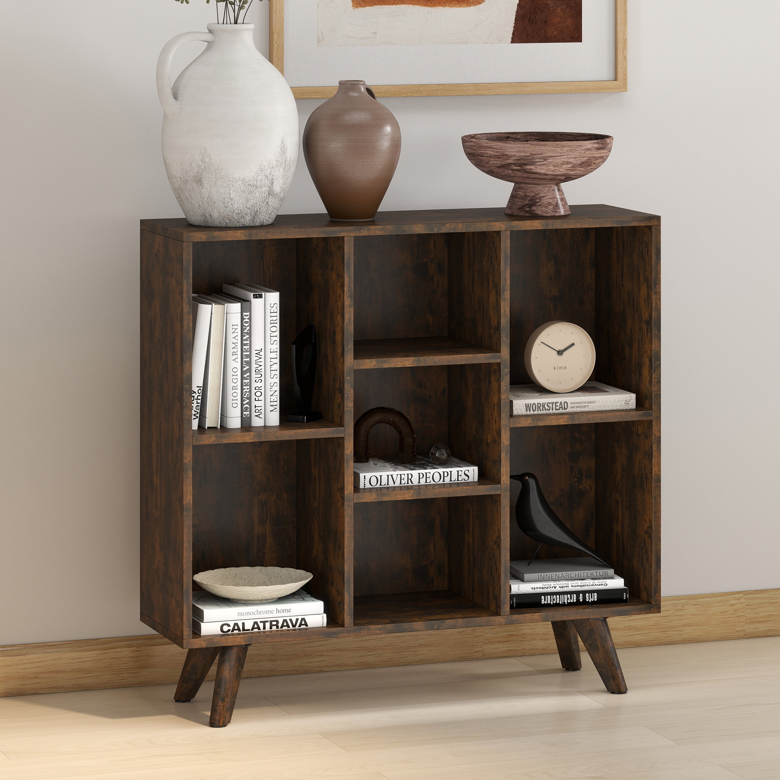 Manxile 3 Tier Cube Bookshelf, Retro Wood Bookshelves Storage Organizer Shelf, Freestanding Open Book Shelves