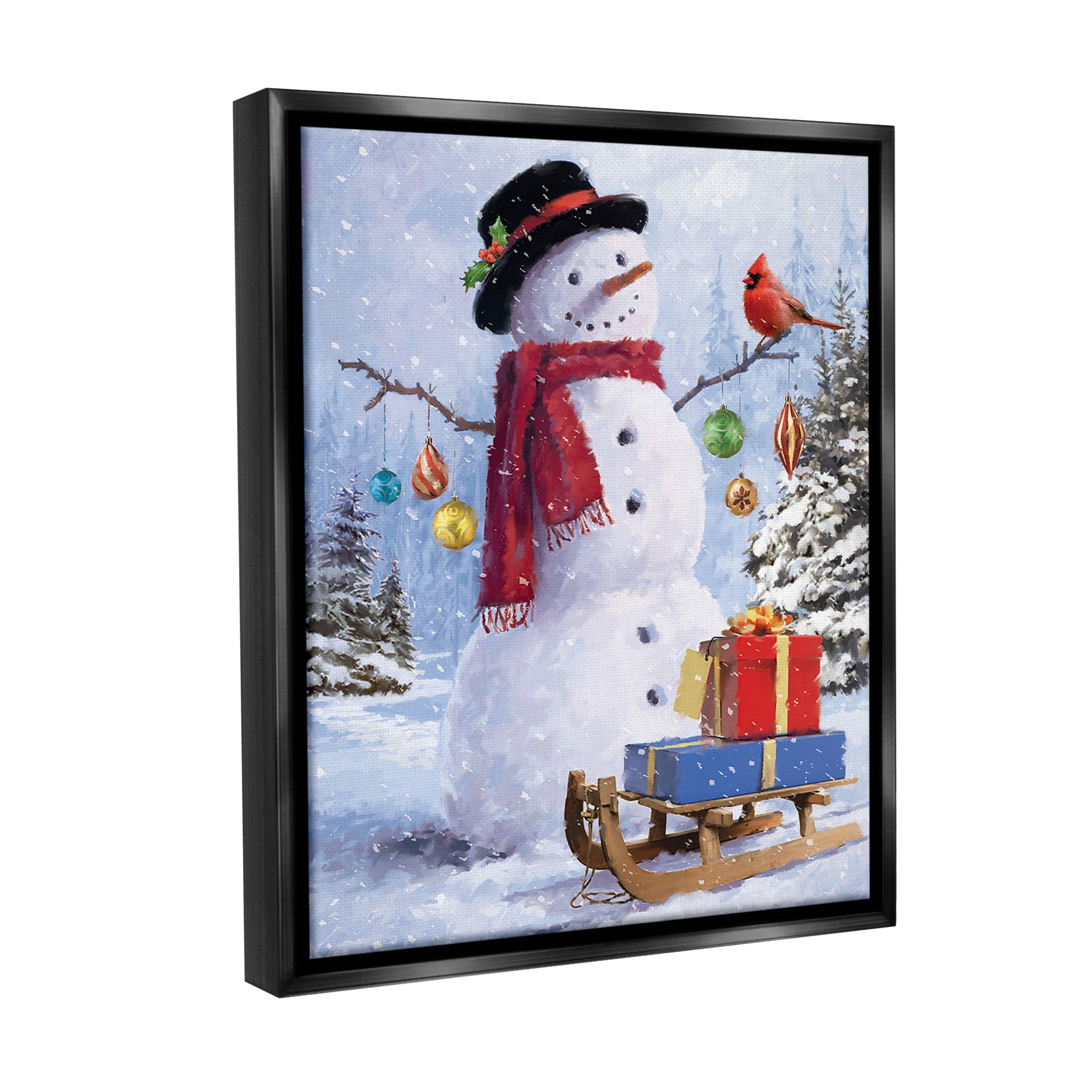Stupell Industries Snowman with Gift Sled Landscape Painting Black Floater Framed Canvas Art Print Wall Art, 17 x 21