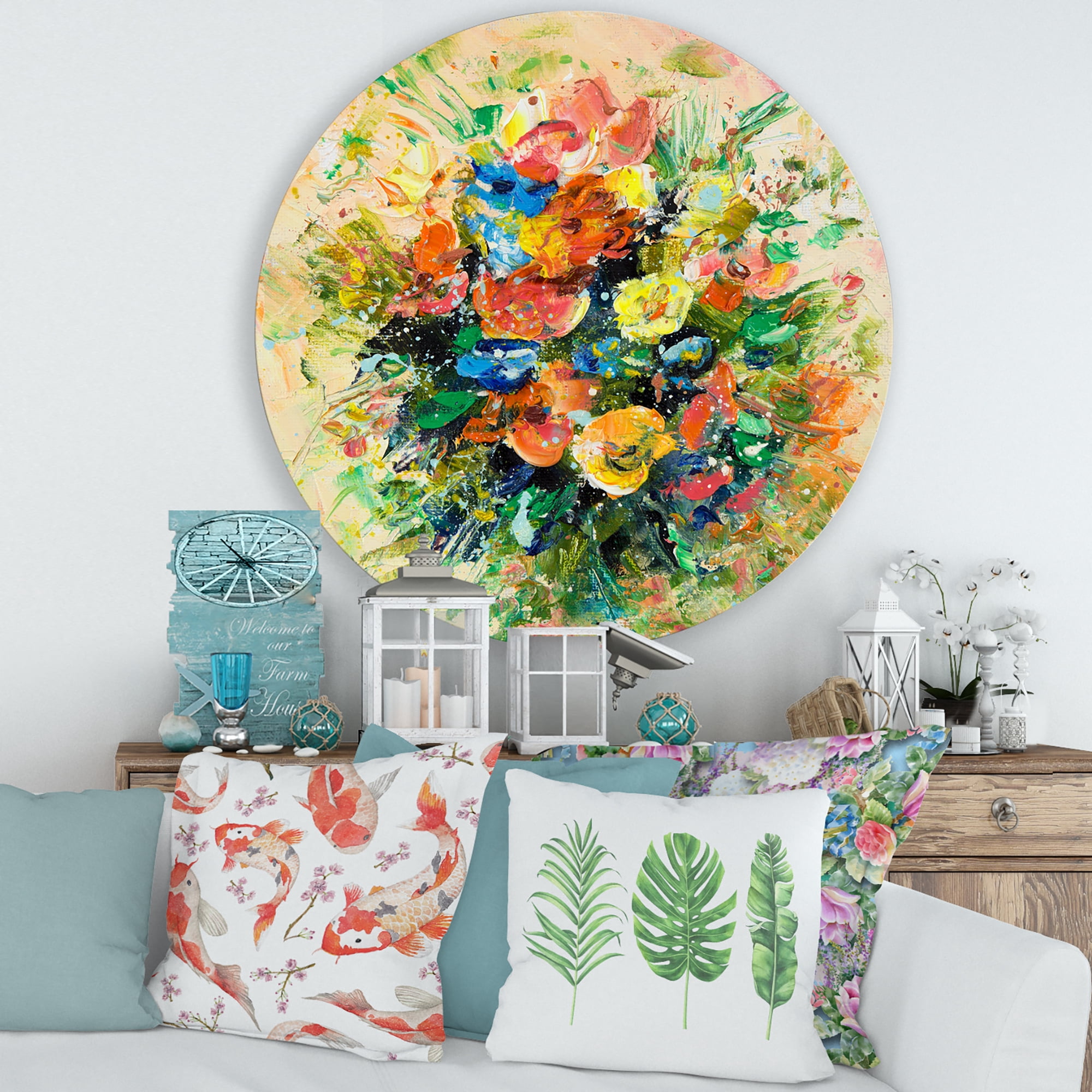 Designart 'Ancient Fresh Flowers Bouquet Of Wildflowers' Traditional Circle Metal Wall Art 29x29 - Disc of 29