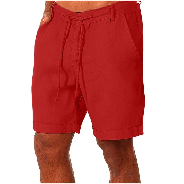 AherBiu Mens Linen Cotton Shorts Drawstring Casual Shorts Summer Lightweight Beach Shorts Solid Color