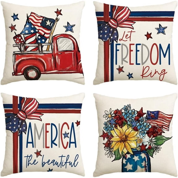 America The Beautiful Let Freedom Ring Throw Pillow Covers, 18 x 18 Inch Freedom 4th of July Independence Memorial Day Patriotic Cushion Case for Sofa Couch Set of 4