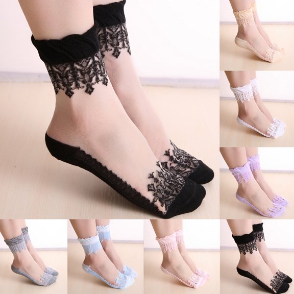 WHEANG Women's Lace Sheer Calf Socks Solid Color Transparent Short Stockings Fashion Lace Trim Mid-Calf Hosiery See-Through Nylon Socks Daily Wear Cooling Casual Socks(Color White One Size)