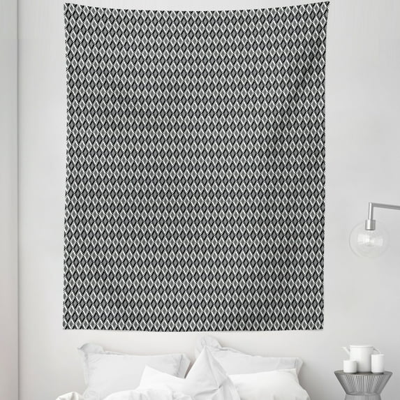 Black and White Tapestry, Monochrome Rhombus with Lines and Dots Geometric Composition of Shapes, Fabric Wall Hanging Decor for Bedroom Living Room Dorm, 5 Sizes, Black and White, by Ambesonne