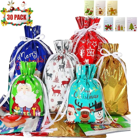 Christmas Gift Bags, 30PCS Drawstring Christmas Gift Bags, 4 Sizes and 6 Designs with Inserted Drawstring Ribbons and Tags for Xmas Holiday Presents Party Favor Wrapping