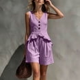 thumbnail image 4 of Mifsaly 2 Piece Linen Set for Women Sleeveless V Neck Button Down Peplum Top and Loose Shorts Lightweight Flowy Casual Vacation Summer Outfits Purple,M, 4 of 7