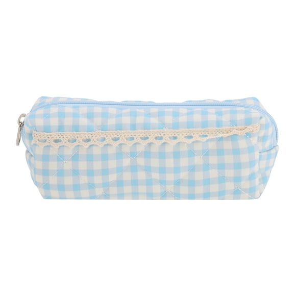 Unique Bargains 1 Pc Plaid Lace Style Drawstring Makeup Bag for Vacation Blue Polyester