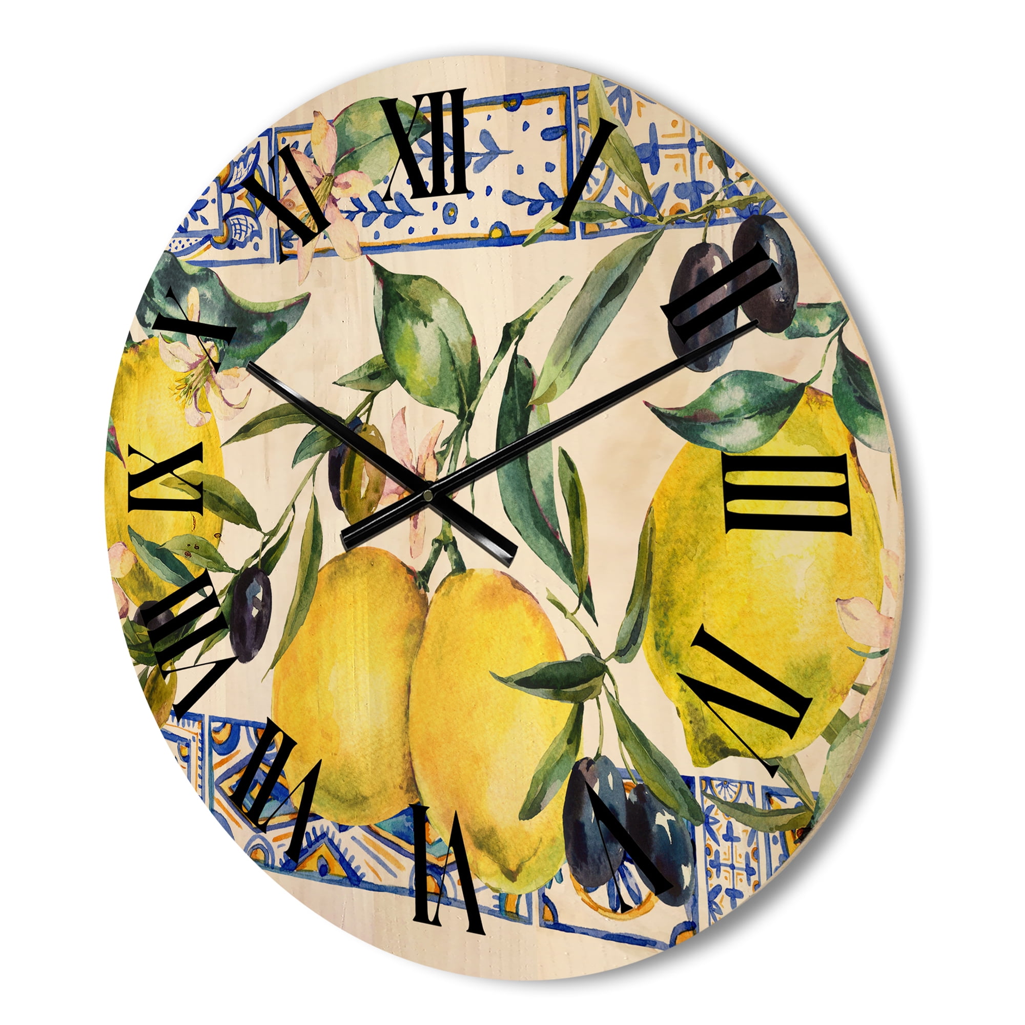 Designart 'Geometrical Pattern of Lemon Ornament On Blue II' Tropical Wood Wall Clock