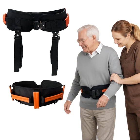 NurtureCare Upgraded Gait Transfer Lift Belt with Metal Buckle, 7 Handles, and Leg Straps, for Seniors, Orange, Medium