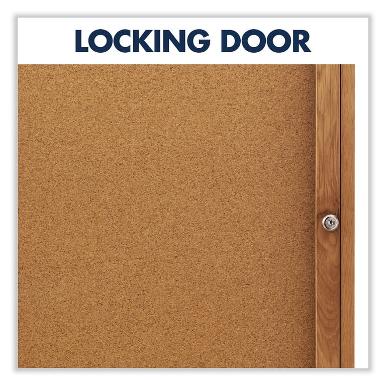 Enclosed Indoor Cork Bulletin Board with One Hinged Door, 24 x 36, Tan Surface, Oak Fiberboard Frame Enclosed Indoor Cork Bulletin Board with One Hinged Door, 24 x 36, Tan Surface, Oak Fiberboard Frame