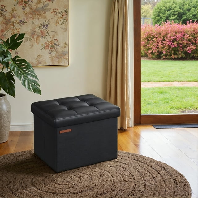 SONGMICS Puff Almacenaje, Banco de Almacenamiento, 31 x 41 x 31 cm, Amplio Espacio, Taburete Reposapiés, Negro MLSF100B01