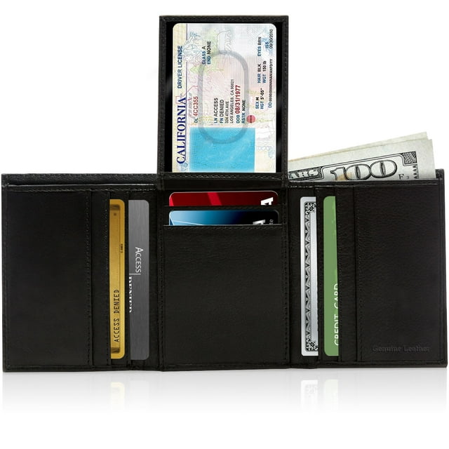 Genuine Leather Trifold Wallets For Men - Mens Wallet With 2 Flip-Up ID ...