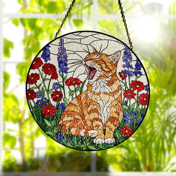 Cute Orange Cat Yawning GLASS Suncatcher, Sleepy Orange Cat, Cat Lover, Cat Mom Gift, Cat Window Hanging, Tabby Cat Mom Gift, Cute Cat Decor