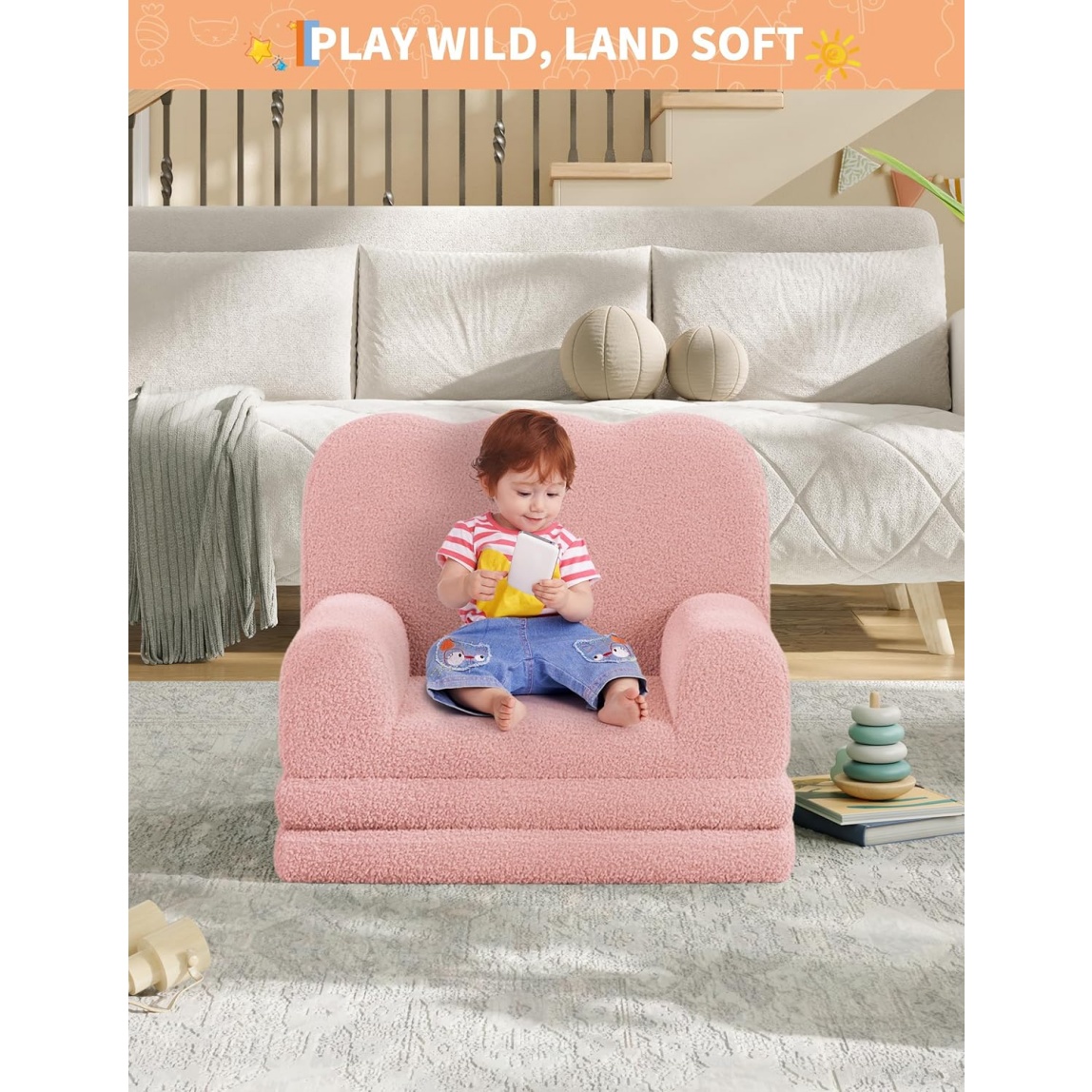 Home Kids Couch, 2-in-1 Convertible Toddler Sofa Chair, Soft Fold Out Couch Lounger for Kids, Comfy Children's Sofa Bed for Playroom