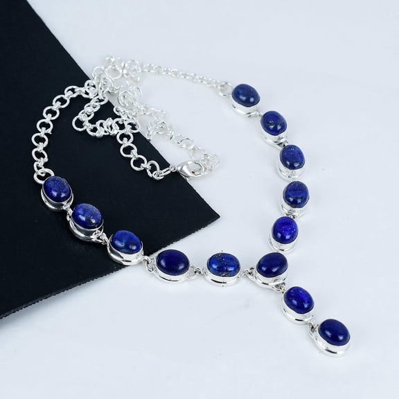 Lapis Lazuli Gemstone Necklace Handmade Beautiful Necklace Natural Oval Cushion Blue Lapis Lazuli 925 Sterling Silver High Polished Jewelry 20 Inch Adjustable Necklace
