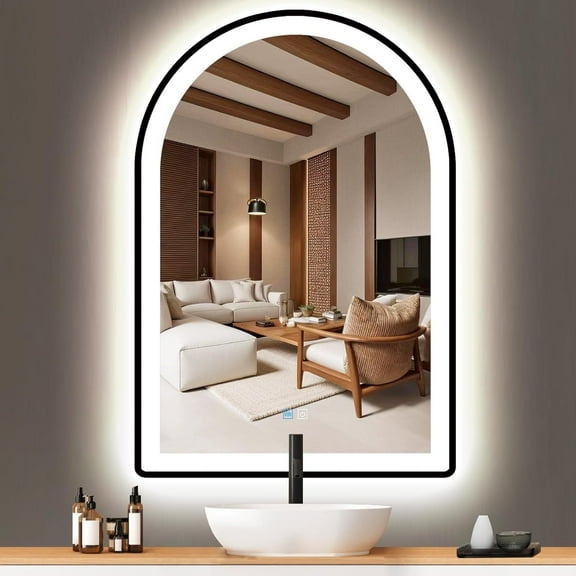 24 x 36 Inch Black Arch LED Vanity Mirror with Lights Black Frame Arched LED Mirror for Bathroom Wall Black Framed Arch Lighted Mirror 3 Color Anti Fog 36" Bathroom Arch Smart Light up Mirror
