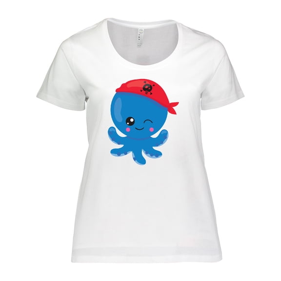 Inktastic Pirate Octopus, Blue Octopus With Red Pirate Hat Women's Plus Size T-Shirt