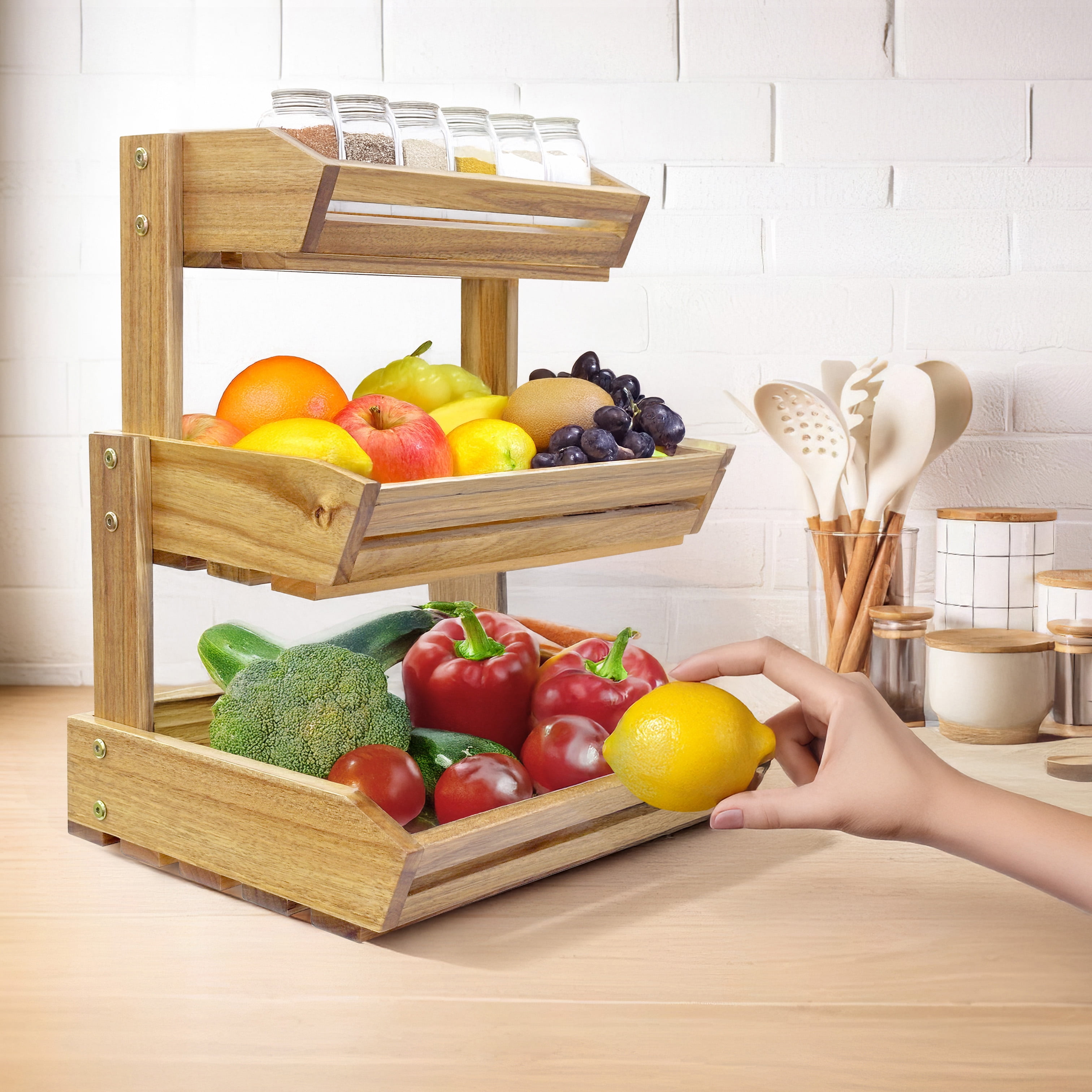 Acacia Wood Fruit Basket - 3-Tier Fruit Bowl for Kitchen Counter, Extra Large 16x12.5x18 in, Fruteros Para Cocina, Fruit and Vegetable Storage (3 Tier)