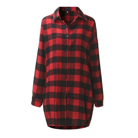 - Women Buttons Down Lapel Collar Long Sleeve Casual Plaid Shirt
