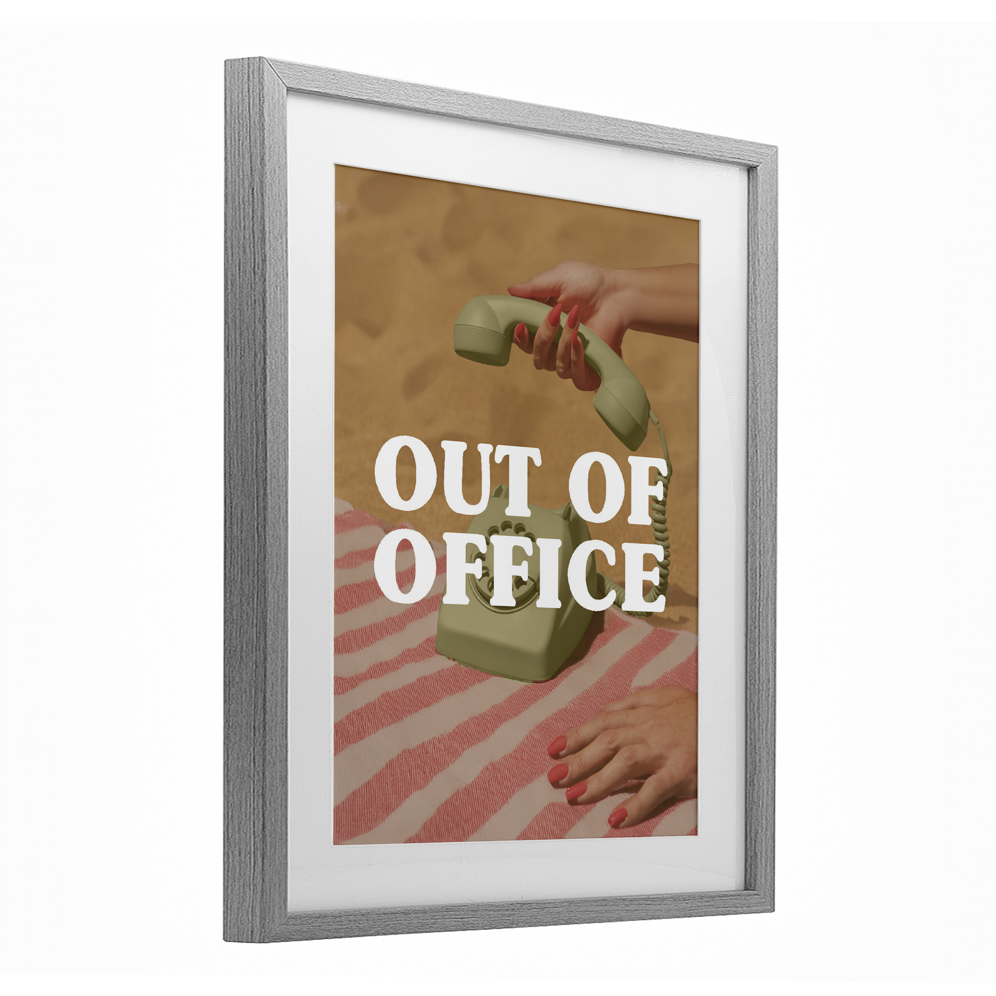Out of Office Green Phone Gray Framed Print Under Glass, design by Lil' Rue