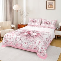 jejeloiu Country Floral Twin Sheet Set,Rustic Botanical White Pink,Microfiber Decor For Girls,3-Piece