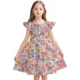 thumbnail image 2 of Bainana Dresses For Girls Toddler Floral Print Ruffled Sleeve Crew Neck Dress Breathable Soft Little Girls Summer Holiday School Casual Loose Fit Dress Purple Size 5-6 Years, 2 of 3