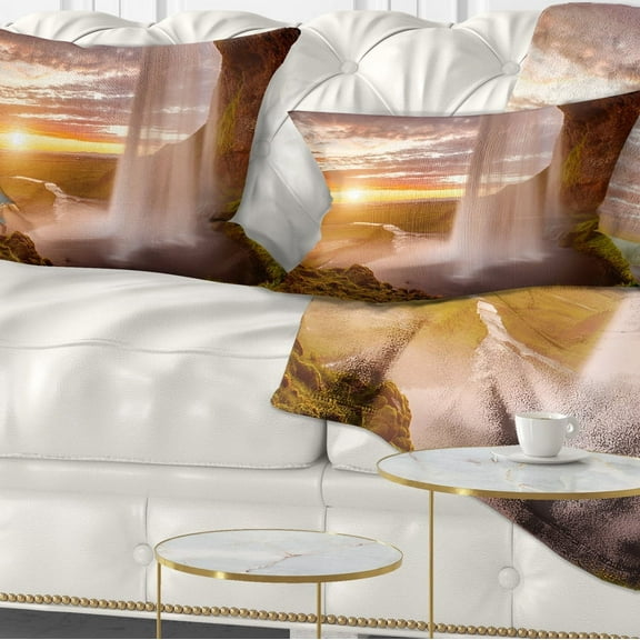 Designart Seljalandsfoss Waterfall at Sunset - Landscape Photography Throw Pillow - 12x20