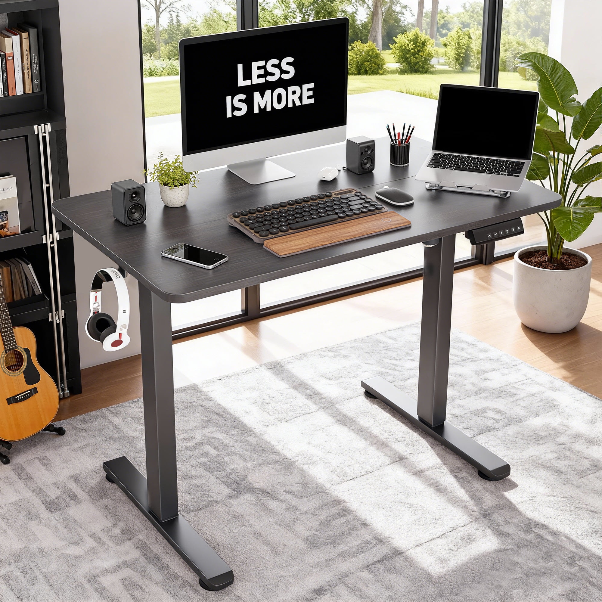 MAYEERTY 40×24" Electric Height-Adjustable Desk, Sit Stand Desk with Side Hooks for Home & Office, Gray