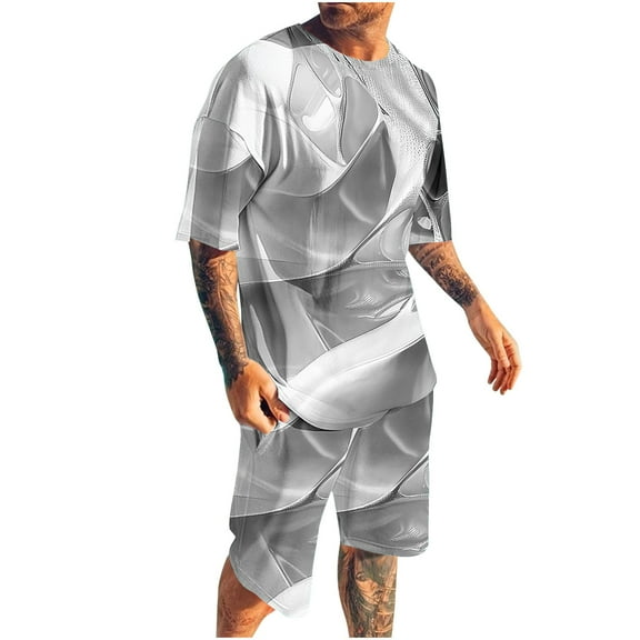 BinBiL Summer Men Short Sets Outfits 2 Piece Short Sleeve Shirt Sleeve Athletic Set Oversize T Shirts Drawstring White XL(XL)